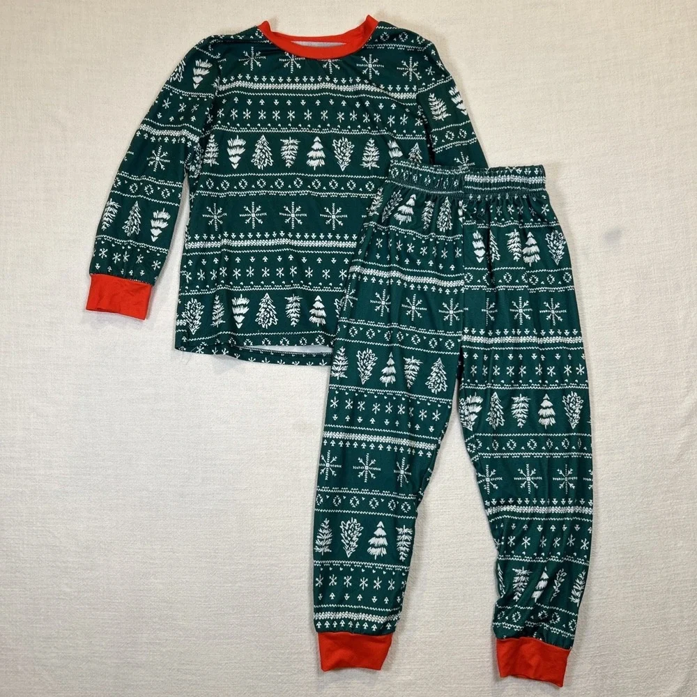 Kids Christmas Pajama Set Green Red Christmas Tree Holiday Snowflake 7T